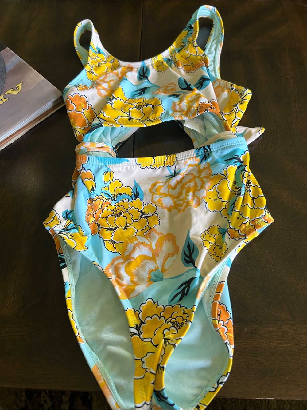 Hobie Yellow Floral One-Piece Swimsuit with Aqua Background